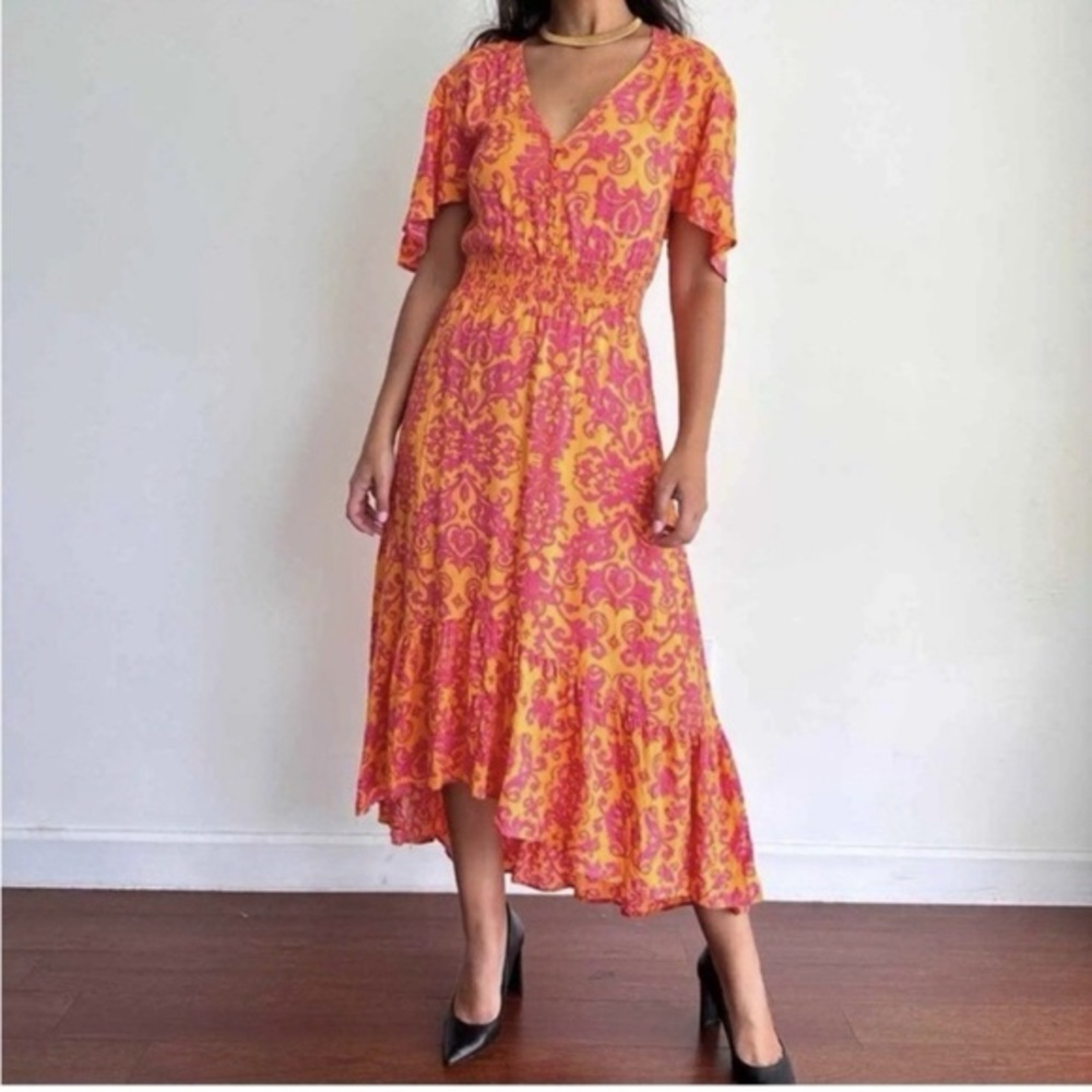 Anthropologie Abel The Label Maya Floral Smocked Midi Hi Low Flowy Dress Size XS